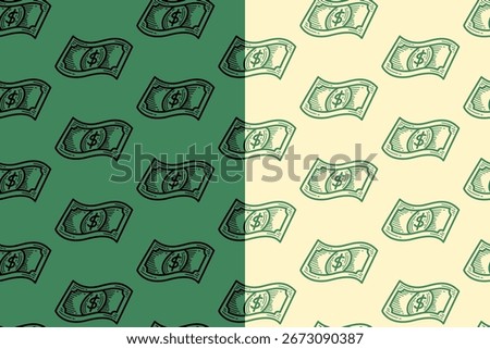 Waving dollar bill line art seamless pattern on green white background. Money cash note engraving doodle pattern background. Financial cash bank note hatching motif wallpaper. Vector Illustration