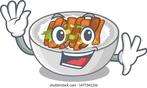 Waving donburi is served in cartoon bowl