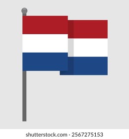 Waving Dutch flag on a gray flagpole. Flag of the Netherlands. Vector illustration, EPS10