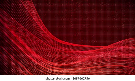 Waving Dynamic Line on Red Circuit Microchip Technology Background.