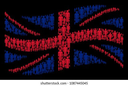 Waving English flag composition composed of man user pictograms. Vector man user items are composed into geometric United Kingdom flag abstraction.