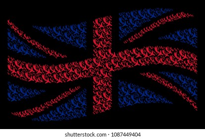Waving English flag composition made of falling airplane design elements. Vector falling airplane icons are composed into geometric English flag abstraction.