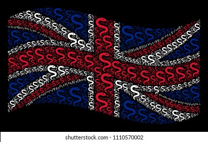 Waving English flag on a black background. Vector snake design elements are formed into geometric English flag collage. Patriotic concept done of snake elements.