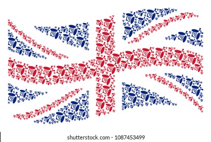 Waving English official flag composition organized of bee icons. Vector bee design elements are united into mosaic UK flag collage.
