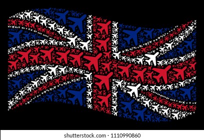 Waving English official flag on a black background. Vector air plane elements are formed into mosaic British flag abstraction. Patriotic illustration constructed of air plane design elements.