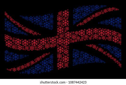 Waving English official flag pattern constructed of snowflake pictograms. Vector snowflake items are formed into mosaic UK flag illustration.