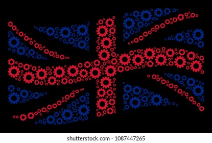 Waving English state flag composition made of gear pictograms. Vector gear icons are united into mosaic UK flag composition.
