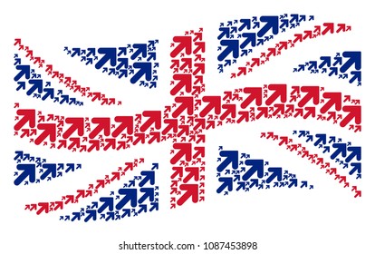 Waving English state flag composition combined of arrow up right pictograms. Vector arrow up right icons are organized into geometric United Kingdom flag illustration.