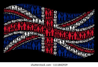 Waving English state flag on a black background. Vector family child pictograms are combined into mosaic UK flag abstraction. Patriotic illustration combined of family child pictograms.