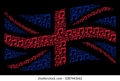Waving English state flag pattern combined of music notes pictograms. Vector music notes icons are combined into geometric United Kingdom flag illustration.