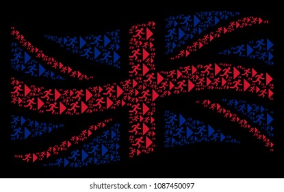 Waving English state flag pattern constructed of exit direction icons. Vector exit direction design elements are combined into mosaic United Kingdom flag collage.