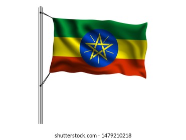 Waving Ethiopia flag on flagpole on isolated background, flag of Ethiopia, vector illustration