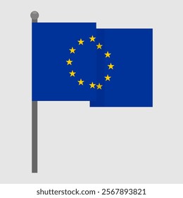 Waving European flag on a gray flagpole. Vector illustration, EPS10