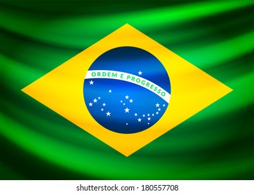 Waving fabric flag of Brazil, vector background illustration