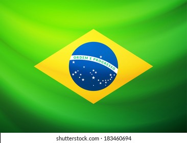 Waving fabric flag of Brazil, vector background illustration