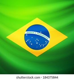 Waving fabric flag of Brazil, vector background illustration
