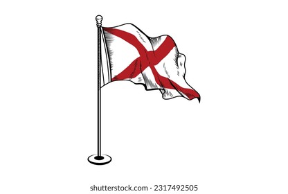Waving flag of Alabama - state of United States on flagpole. 