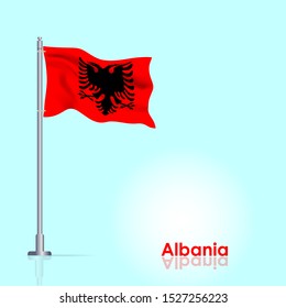 Waving flag of Albania on flagpole. Template for independence day poster design. Vector Illustration EPS 10