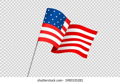 Bandera onduladora americana aislada en el fondo png o transparente,Símbolos de EE.UU. , plantilla para banner, tarjeta, publicidad, promoción, comercial de TV, anuncios, diseño web, afiche, ilustración vectorial 