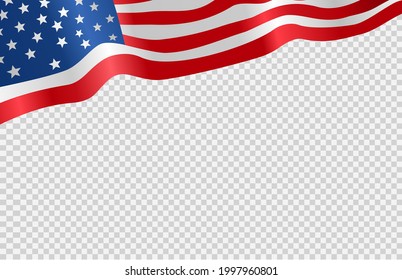 Bandera onduladora americana aislada en el fondo png o transparente,Símbolos de EE.UU. , plantilla para banner, tarjeta, publicidad, promoción, comercial de TV, anuncios, diseño web, afiche, ilustración vectorial 