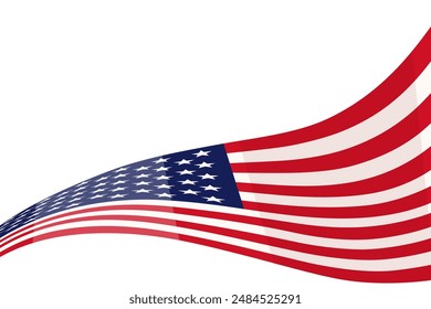 Waving flag of American isolated on white background. Independence day anniversary brochure. United States of America patriotic ribbon poster.