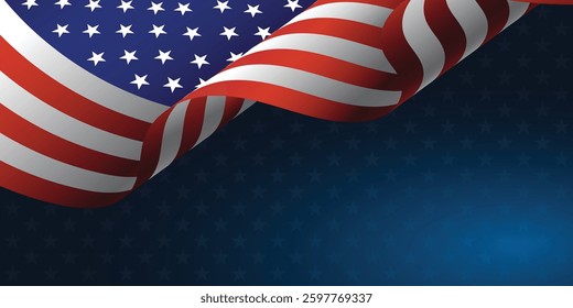 Waving flag of American isolated on star background. Symbols of USA. Template for banner card and advertising