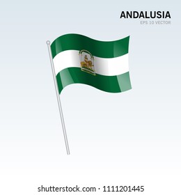 Waving flag of Andalusia the autonomous communities of Spain on gray background
