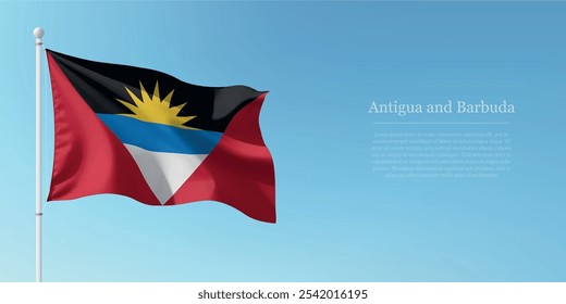 Bandeira de Antígua e Barbuda acenando sobre um poste com um fundo de céu azul com copyspace