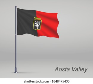 Waving flag of Aosta Valley - region of Italy on flagpole. Template for independence day 