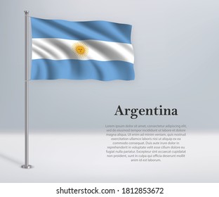 Bandera ondeando Argentina en asta de bandera. Plantilla para diseño de afiches del día de la independencia
