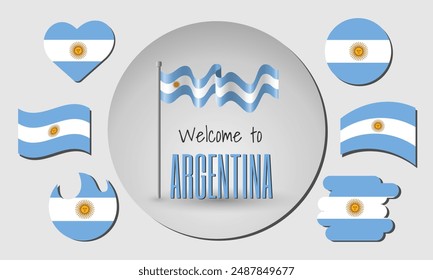 Waving flag of Argentina in vector with the inscription Welcome to Argentina! Different versions of the flag in the shape of a heart, circle, arc, etc.
