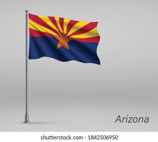 Waving flag of Arizona - state of United States on flagpole. Template for independence day poster