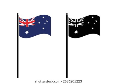 Waving flag of Australia. Illustration of country flag on flagpole. Two stylized flags of a nation stand side-by-side