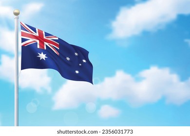 Waving flag of Australia on sky background. Template for independence day poster design