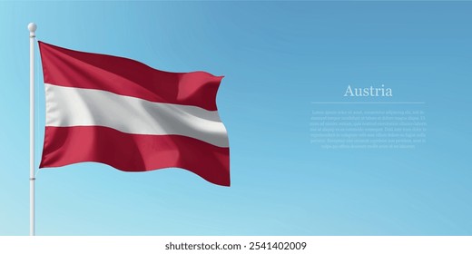 Waving flag of Austria on a pole with a blue sky backdrop with copyspace