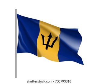 Waving flag of Barbados . Illustration of North America country flag on flagpole. 3d vector icon isolated on white background