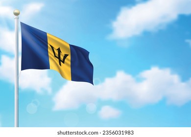 Waving flag of Barbados on sky background. Template for independence day poster design