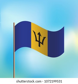 Waving flag of Barbados. Wavy flag with transparent shadows on the blue sky with white clouds. Icon. Isolated Vector Illustration.

