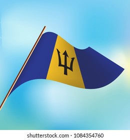 Waving flag of Barbados. Wavy flag with transparent shadows on the blue sky with white clouds. Icon. Isolated Vector Illustration.