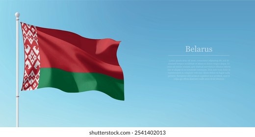 Waving flag of Belarus on a pole with a blue sky backdrop with copyspace