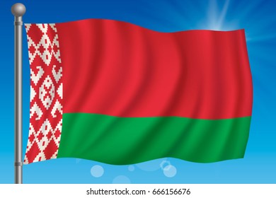Waving flag of Belarus on a sky background. Vector illustration