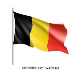 Waving flag of Belgium state. Illustration of European country flag on flagpole with black, yellow and red colors. Vector 3d icon isolated on white background