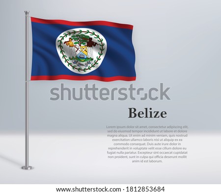 Waving flag of Belize on flagpole. Template for independence day poster design
