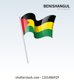 Waving flag of Benishangul-Gumuz regional states, self-governing administrations of Ethiopia on gray background