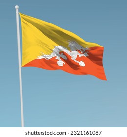 Waving flag of Bhutan on flagpole. Template for independence day poster design