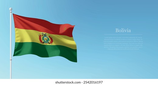 Ondeando la bandera de Bolivia en un poste con un fondo azul del cielo con copyspace