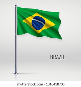 Waving flag of Brazil on flagpole. Template for independence day poster design