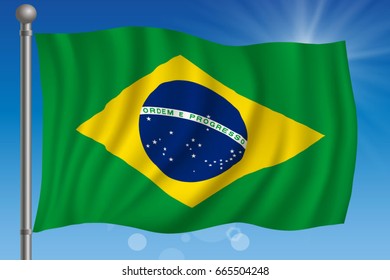 Waving flag of Brazil on a sky background. Vector illustration