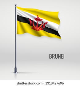 Waving flag of Brunei on flagpole. Template for independence day poster design