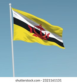 Waving flag of Brunei on flagpole. Template for independence day poster design